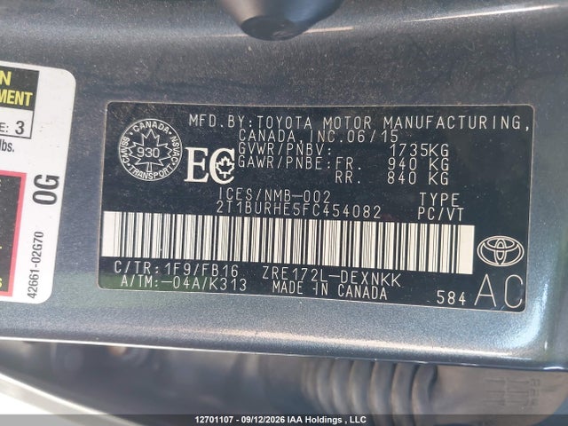 Продажа на аукционе авто 2015 Toyota Corolla Le, vin: 2T1BURHE5FC454082, номер лота: 12701107