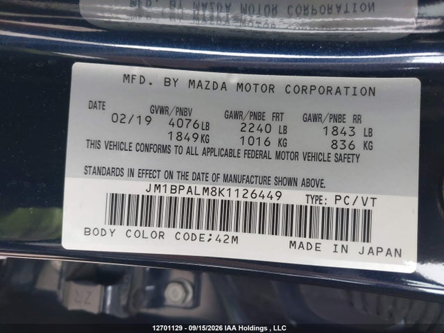 Aukcja sprzedaży 2019 Mazda 3 Preferred Plus, vin: JM1BPALM8K1126449, numer aukcji: 12701129