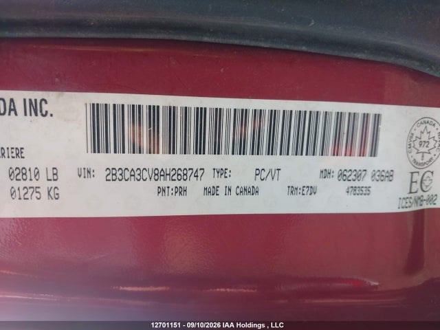 2010 Dodge Charger Sxt მანქანა იყიდება აუქციონზე, vin: 2B3CA3CV8AH268747, აუქციონის ნომერი: 12701151