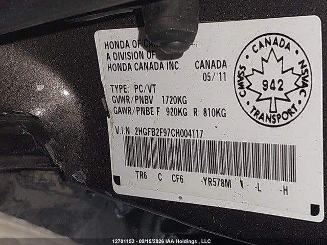 2012 Honda Civic Ex-l მანქანა იყიდება აუქციონზე, vin: 2HGFB2F97CH004117, აუქციონის ნომერი: 12701152
