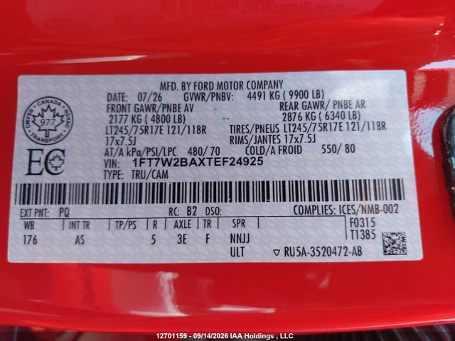 12701159 :رقم المزاد ، 1FT7W2BAXTEF24925 vin ، 2026 Ford F250 Super Duty مزاد بيع