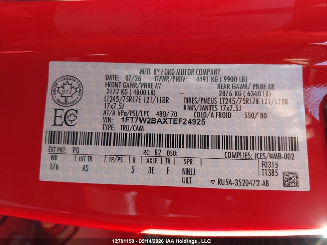 12701159 :رقم المزاد ، 1FT7W2BAXTEF24925 vin ، 2026 Ford F250 Super Duty مزاد بيع