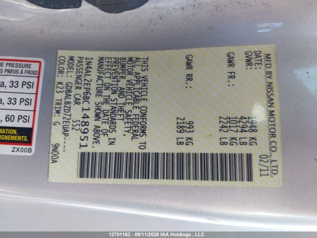 12701162 :رقم المزاد ، 1N4AL2EP6BC148951 vin ، 2011 Nissan Altima S مزاد بيع