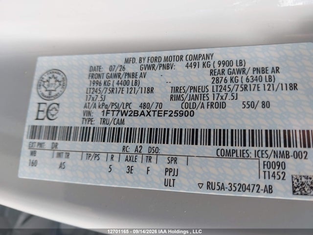 12701165 :رقم المزاد ، 1FT7W2BAXTEF25900 vin ، 2026 Ford F250 Super Duty مزاد بيع