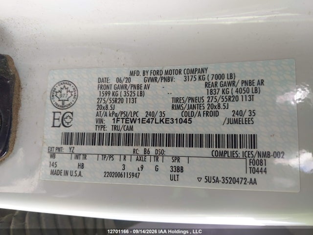 Auction sale of the 2020 Ford F150 Supercrew, vin: 1FTEW1E47LKE31045, lot number: 12701166