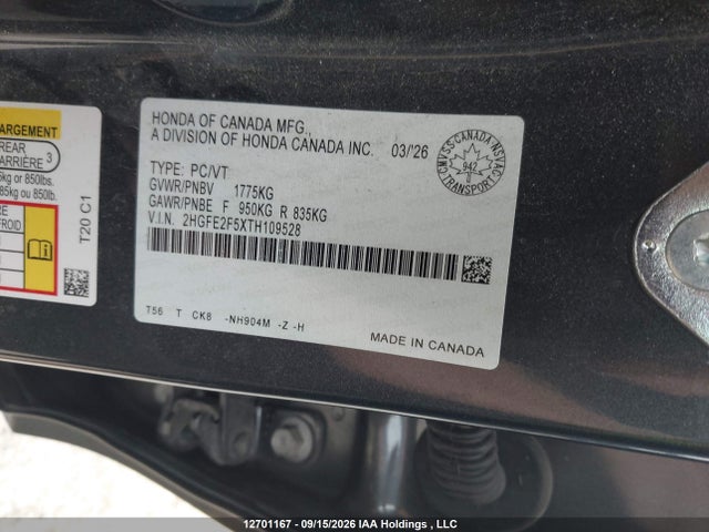 Aukcja sprzedaży 2026 Honda Civic Sport, vin: 2HGFE2F5XTH109528, numer aukcji: 12701167