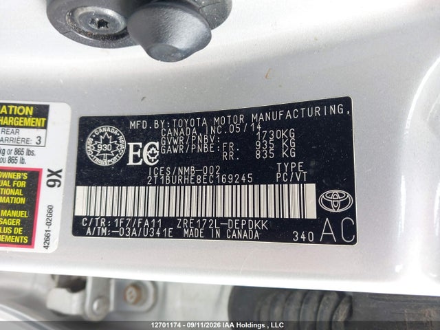 Aukcja sprzedaży 2014 Toyota Corolla L/le/le Pls/prm/s/s Pls, vin: 2T1BURHE8EC169245, numer aukcji: 12701174