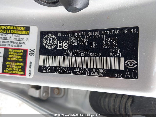 Aukcja sprzedaży 2014 Toyota Corolla L/le/le Pls/prm/s/s Pls, vin: 2T1BURHE8EC169245, numer aukcji: 12701174