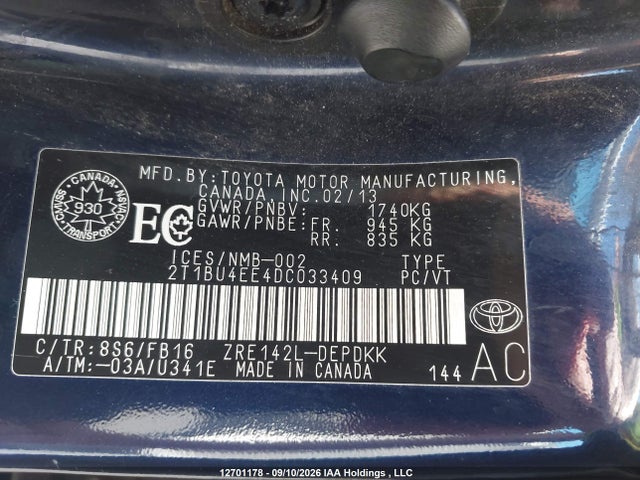 Продажа на аукционе авто 2013 Toyota Corolla S/le, vin: 2T1BU4EE4DC033409, номер лота: 12701178