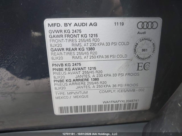 Продажа на аукционе авто 2020 Audi Q5 Titanium Prestige, vin: WA1FNAFYXL2045741, номер лота: 12701181