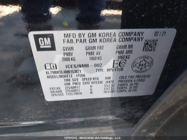 Aukcja sprzedaży 2021 Chevrolet Trailblazer Lt, vin: KL79MRSL4MB153821, numer aukcji: 12701212