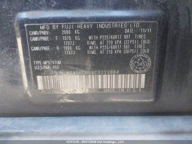 2012 Subaru Outback 2.5i Convenience Package/2.5i Touring Package მანქანა იყიდება აუქციონზე, vin: 4S4BRGBC8C3223884, აუქციონის ნომერი: 12701218