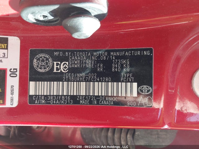 2T1BURHE7FC241280 Toyota Corolla L/le/le Pls/prm/s/s Pls