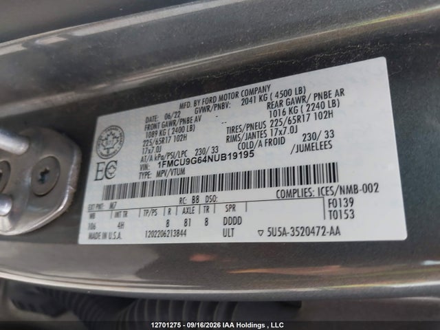 Aukcja sprzedaży 2022 Ford Escape, vin: 1FMCU9G64NUB19195, numer aukcji: 12701275