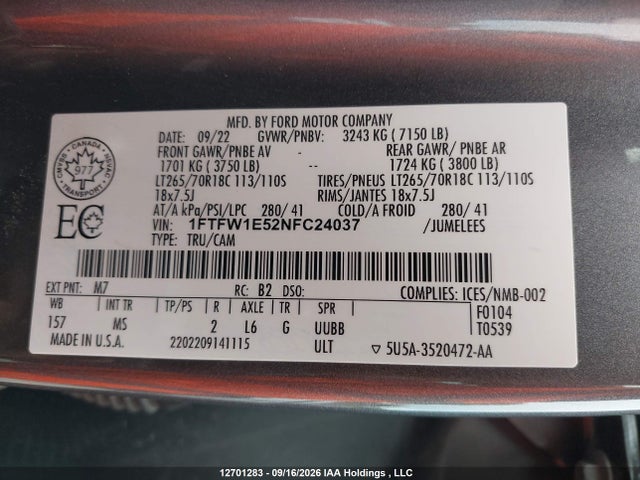 2022 Ford F150 Supercrew მანქანა იყიდება აუქციონზე, vin: 1FTFW1E52NFC24037, აუქციონის ნომერი: 12701283
