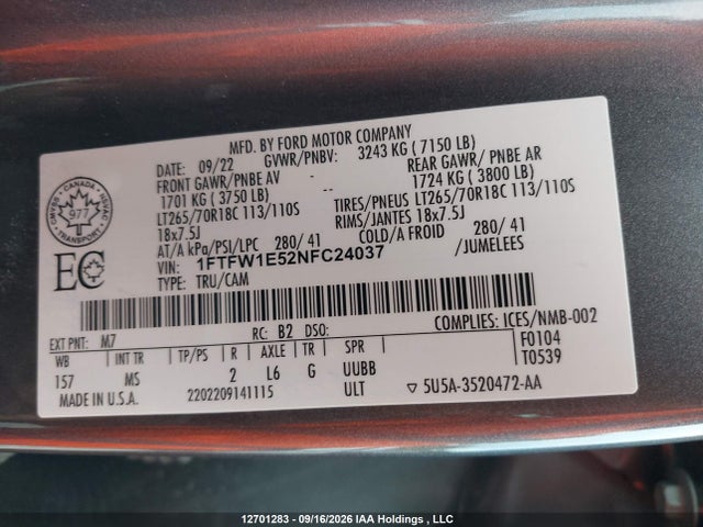 2022 Ford F150 Supercrew მანქანა იყიდება აუქციონზე, vin: 1FTFW1E52NFC24037, აუქციონის ნომერი: 12701283