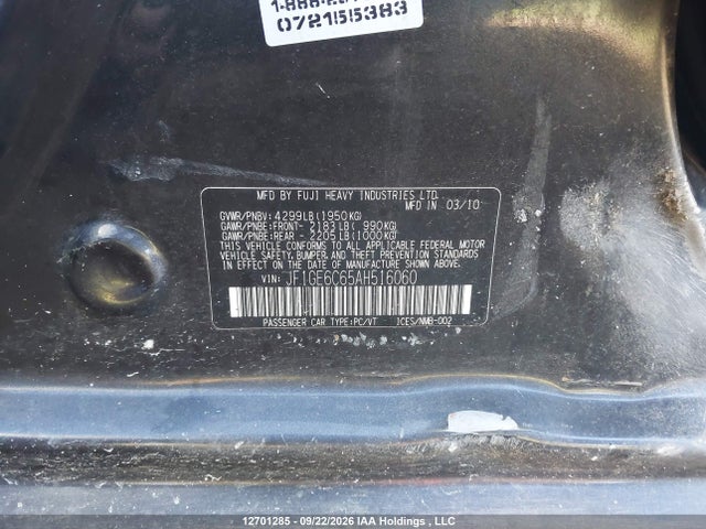 2010 Subaru Impreza მანქანა იყიდება აუქციონზე, vin: JF1GE6C65AH516060, აუქციონის ნომერი: 12701285
