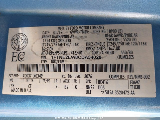 Продаж на аукціоні авто 2012 Ford Econoline E250 Van, vin: 1FTNE2EW8CDA54028, номер лоту: 12701293