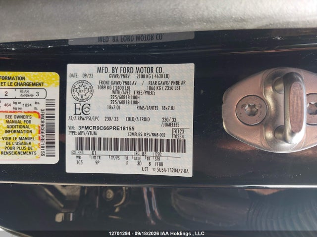 2023 Ford Bronco Sport Outer Banks მანქანა იყიდება აუქციონზე, vin: 3FMCR9C66PRE18155, აუქციონის ნომერი: 12701294