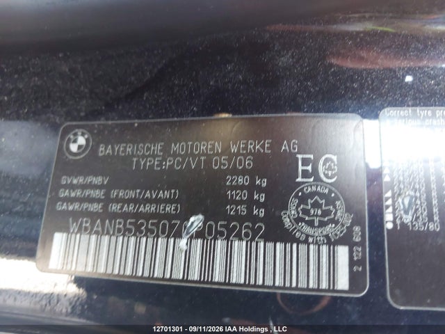 2007 Bmw 5 Series მანქანა იყიდება აუქციონზე, vin: WBANB53507CP05262, აუქციონის ნომერი: 12701301
