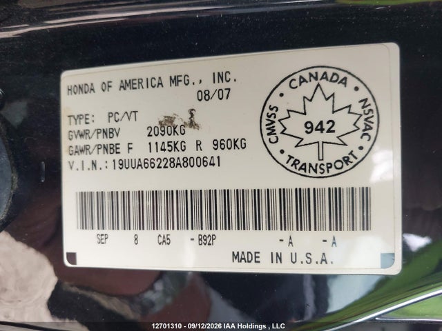 Auction sale of the 2008 Acura Tl, vin: 19UUA66228A800641, lot number: 12701310