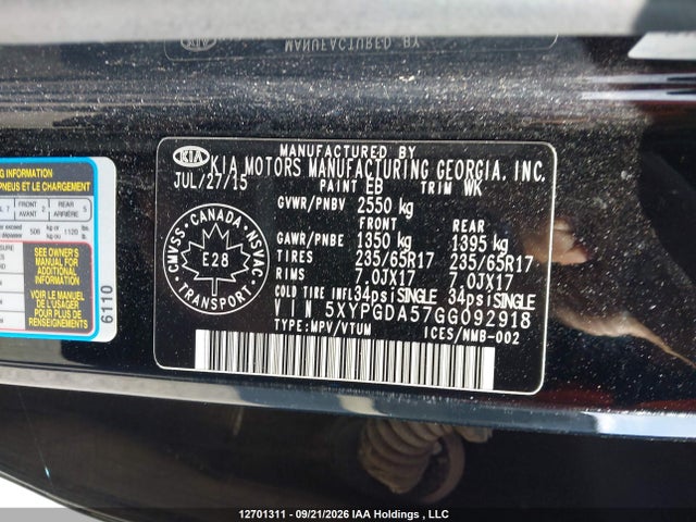 Aukcja sprzedaży 2016 Kia Sorento Lx/l, vin: 5XYPGDA57GG092918, numer aukcji: 12701311