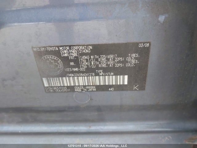 2008 Toyota Rav4 Base V6 მანქანა იყიდება აუქციონზე, vin: JTMBK33V086041278, აუქციონის ნომერი: 12701315