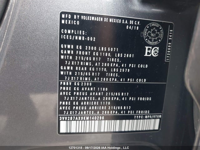 Aukcja sprzedaży 2019 Volkswagen Tiguan Comfortline, vin: 3VV2B7AX9KM140296, numer aukcji: 12701318