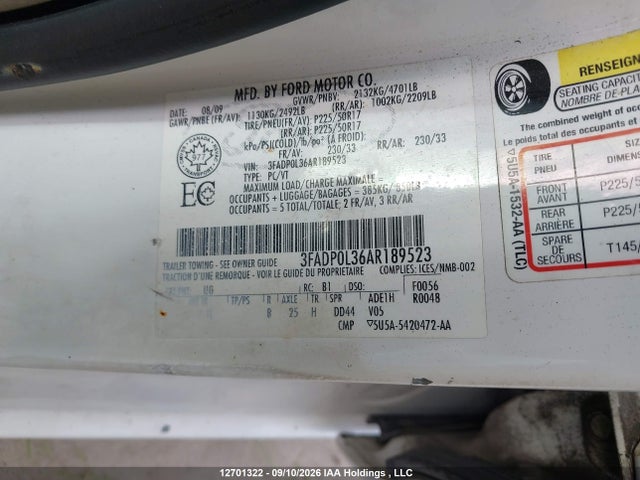 2010 Ford Fusion Hybrid Hybrid მანქანა იყიდება აუქციონზე, vin: 3FADP0L36AR189523, აუქციონის ნომერი: 12701322