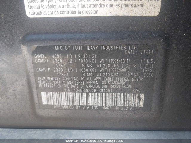 12701331 :رقم المزاد ، 4S4BRDKC2B2391054 vin ، 2011 Subaru Outback 3.6r Limited مزاد بيع