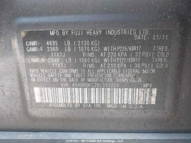 12701331 :رقم المزاد ، 4S4BRDKC2B2391054 vin ، 2011 Subaru Outback 3.6r Limited مزاد بيع