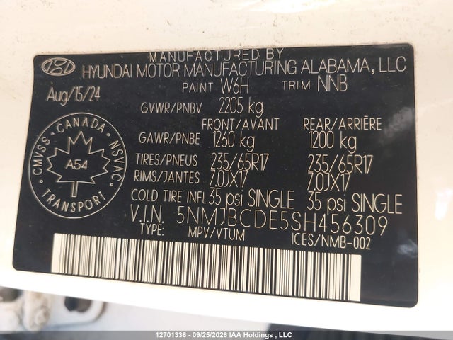 12701336 :رقم المزاد ، 5NMJBCDE5SH456309 vin ، 2025 Hyundai Tucson مزاد بيع