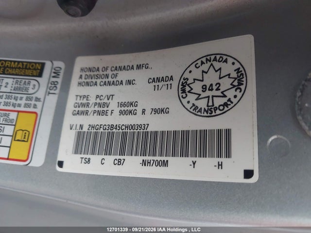 Aukcja sprzedaży 2012 Honda Civic Lx, vin: 2HGFG3B45CH003937, numer aukcji: 12701339