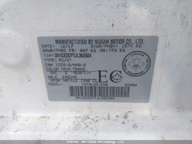 Продажа на аукционе авто 2018 Nissan Versa Note 1.6 S/1.6 Sr/1.6 Sv/sv, vin: 3N1CE2CP7JL363504, номер лота: 12701341