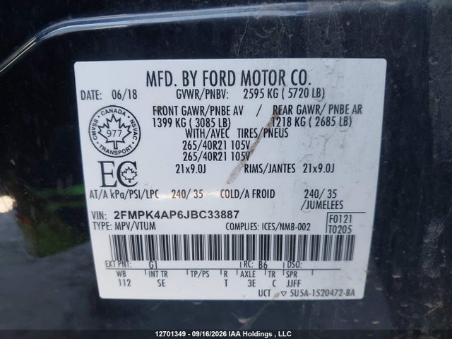 Ford EDGE SPORT 2018 2FMPK4AP6JBC33887 Image 9