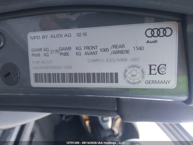 12701350 :رقم المزاد ، WAUANAF42HN011650 vin ، 2017 Audi A4 Premium مزاد بيع