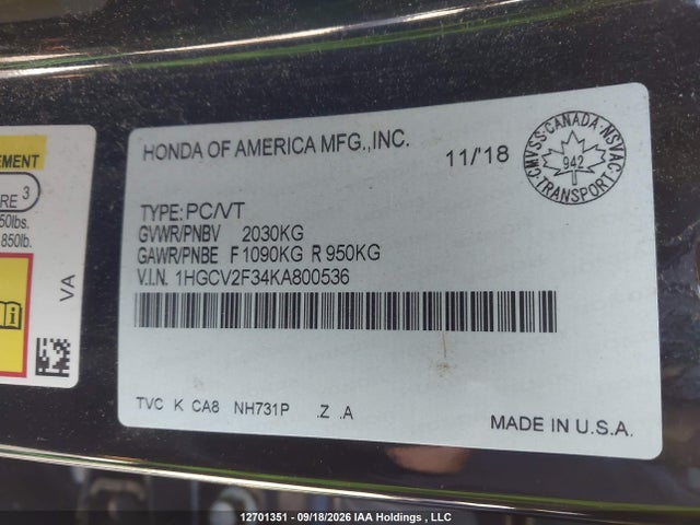 1HGCV2F34KA800536 Honda Accord