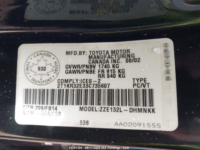 Aukcja sprzedaży 2003 Toyota Matrix Xr, vin: 2T1KR32E33C735607, numer aukcji: 12701354