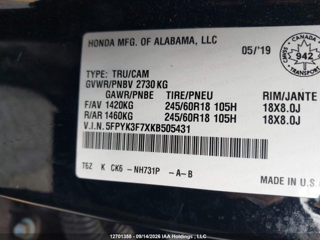 Honda Ridgeline Touring 2019 5FPYK3F7XKB505431 Image 18