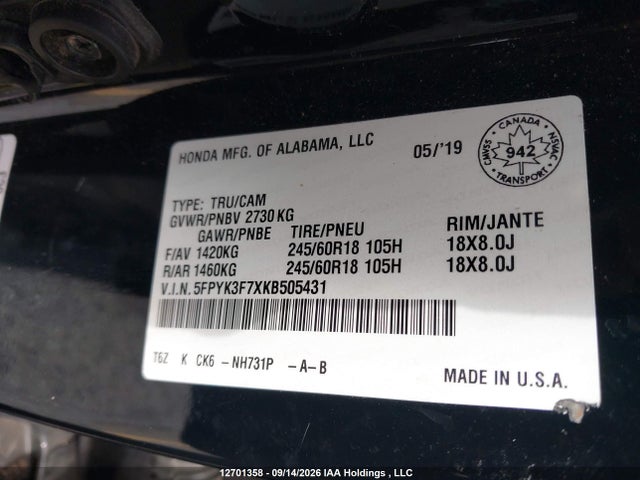 Honda Ridgeline Touring 2019 5FPYK3F7XKB505431 Image 9