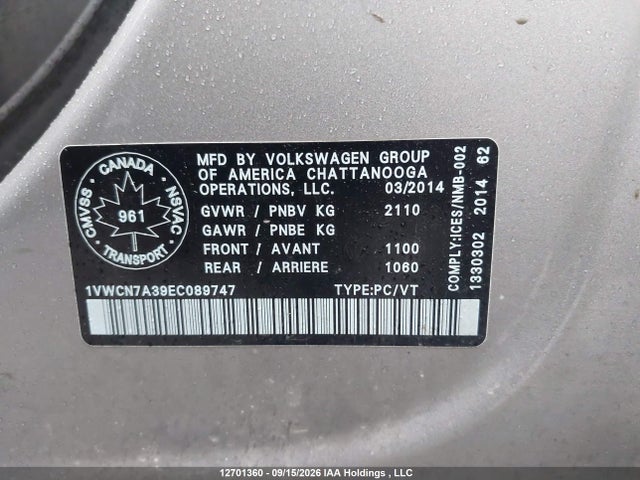 Aukcja sprzedaży 2014 Volkswagen Passat 2.0 Tdi Highline, vin: 1VWCN7A39EC089747, numer aukcji: 12701360