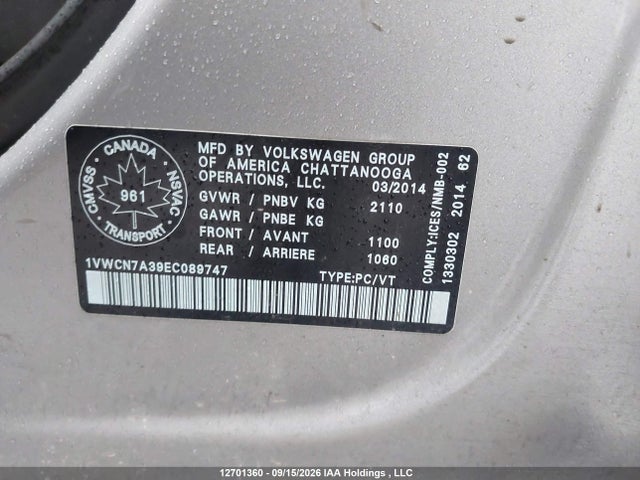 Aukcja sprzedaży 2014 Volkswagen Passat 2.0 Tdi Highline, vin: 1VWCN7A39EC089747, numer aukcji: 12701360