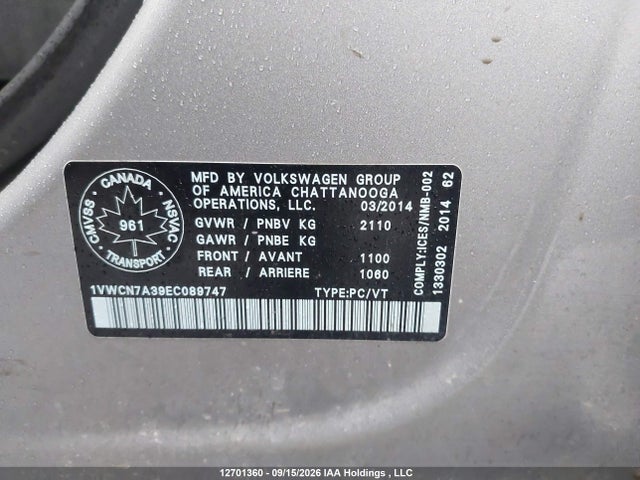 Aukcja sprzedaży 2014 Volkswagen Passat 2.0 Tdi Highline, vin: 1VWCN7A39EC089747, numer aukcji: 12701360