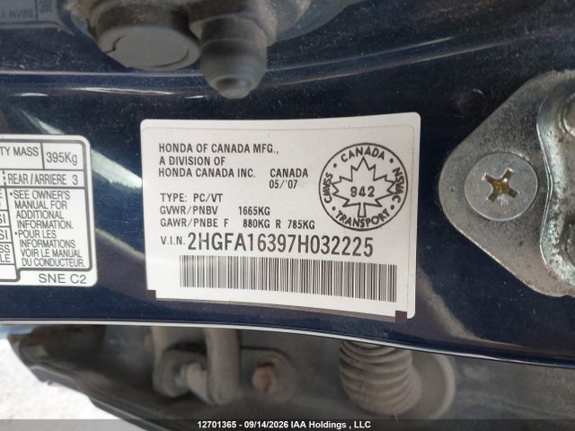 12701365 :رقم المزاد ، 2HGFA16397H032225 vin ، 2007 Honda Civic Dx-g مزاد بيع