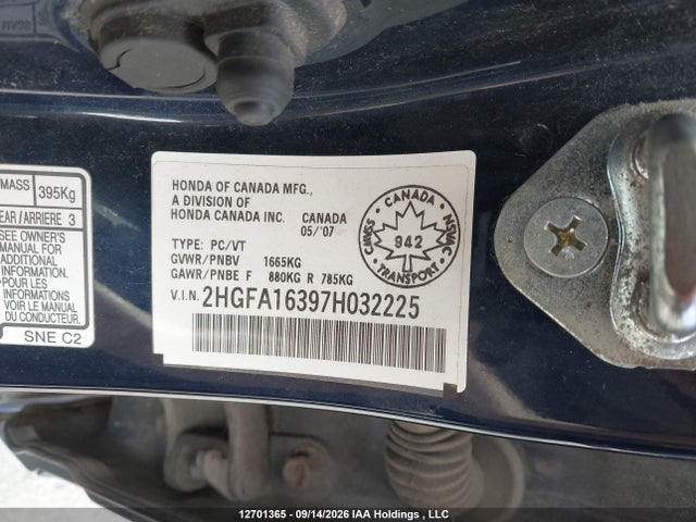 12701365 :رقم المزاد ، 2HGFA16397H032225 vin ، 2007 Honda Civic Dx-g مزاد بيع