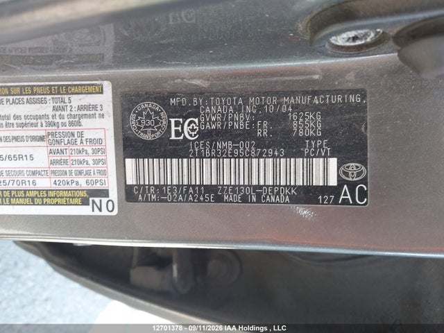 Продаж на аукціоні авто 2005 Toyota Corolla Ce/le/sport, vin: 2T1BR32E95C872943, номер лоту: 12701378