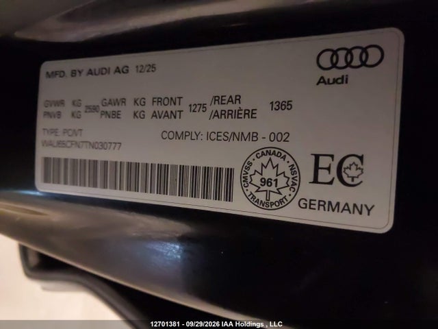 12701381 :رقم المزاد ، WAU65CFN7TN030777 vin ، 2026 Audi A6 Prestige مزاد بيع