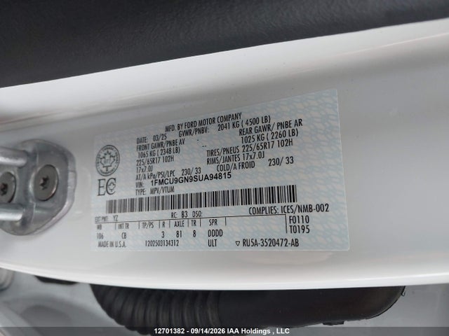 2025 Ford Escape Active მანქანა იყიდება აუქციონზე, vin: 1FMCU9GN9SUA94815, აუქციონის ნომერი: 12701382