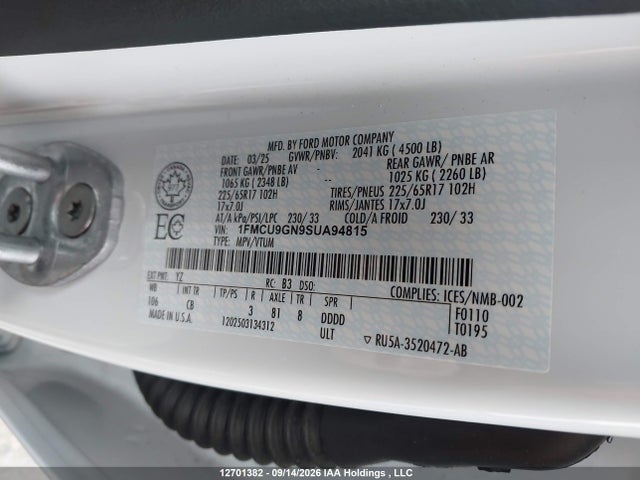 2025 Ford Escape Active მანქანა იყიდება აუქციონზე, vin: 1FMCU9GN9SUA94815, აუქციონის ნომერი: 12701382