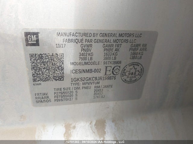 12701383 :رقم المزاد ، 1GKS2GKC9JR199876 vin ، 2018 Gmc Yukon Xl K1500 Slt مزاد بيع